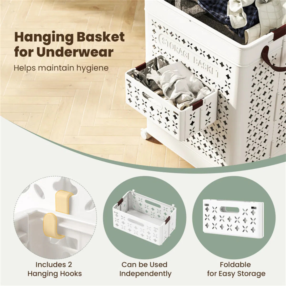 20 Gallon Foldable Laundry Hamper With Mini Hanging Basket PP Hollow Design - Image 3