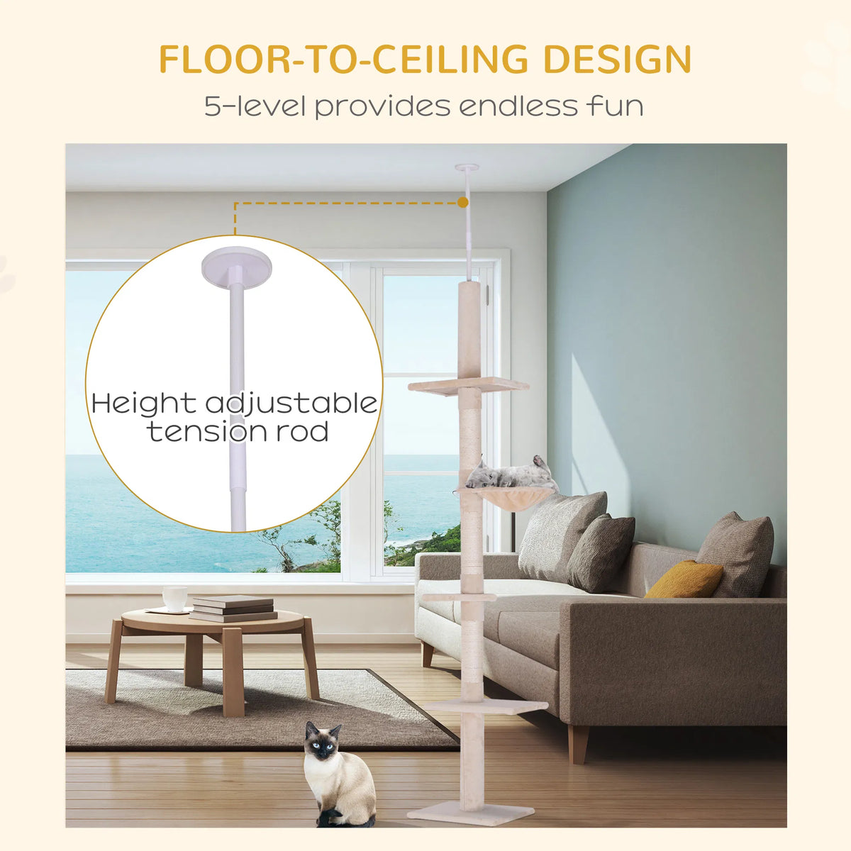 8.5ft Cat Climbing Tree 5 Tier Kitty Activity Center with Scratching Post Beige - Image 4