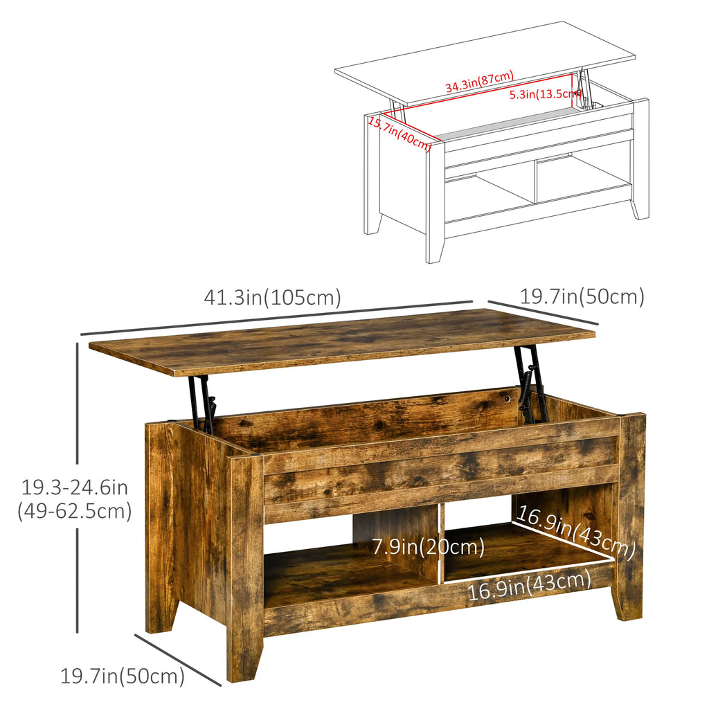 Lift Top Coffee Table with Hidden Storage Compartment and Open Shelves Lift