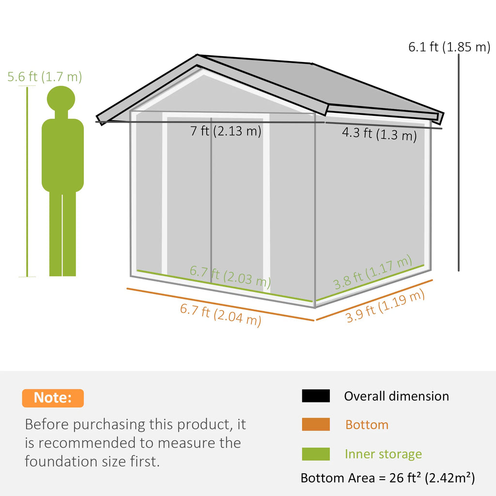 7' x 4' x 6' Garden Storage Shed Outdoor Patio Metal Tool Storage House w/