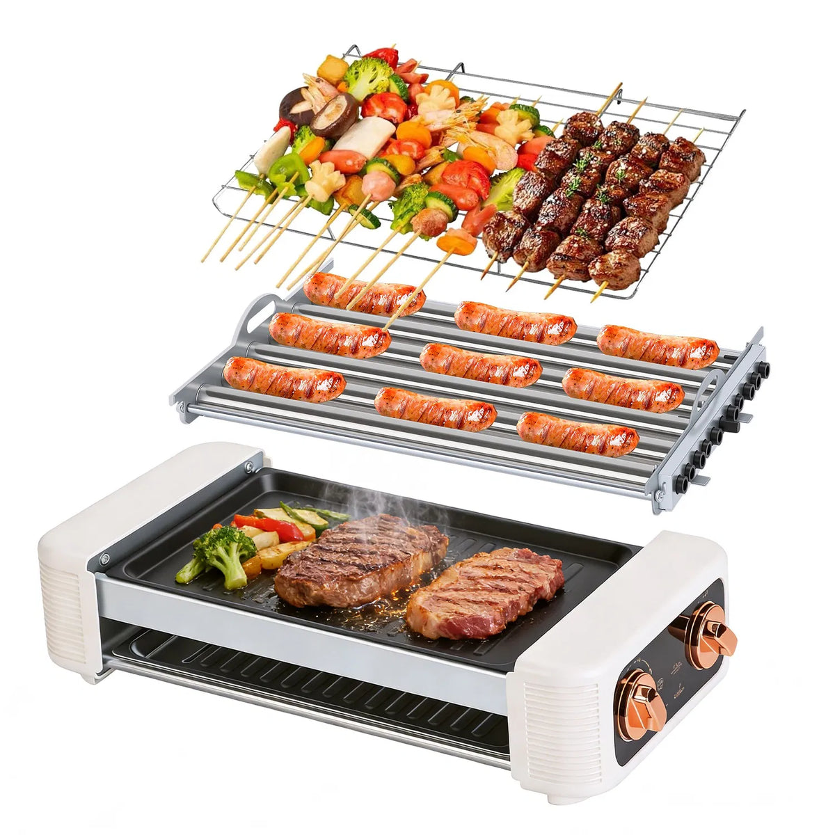 3 In 1 Electric Hot Dog Roller Machine with Grill & Griddle 6 Roller Hot Dog - Image 5