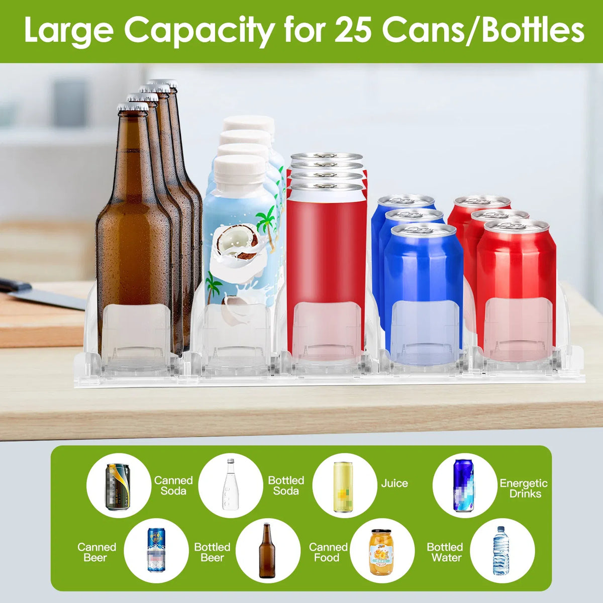 Drink Organizer for Fridge Spring Loaded Beverage Dispenser Width Adjustable
