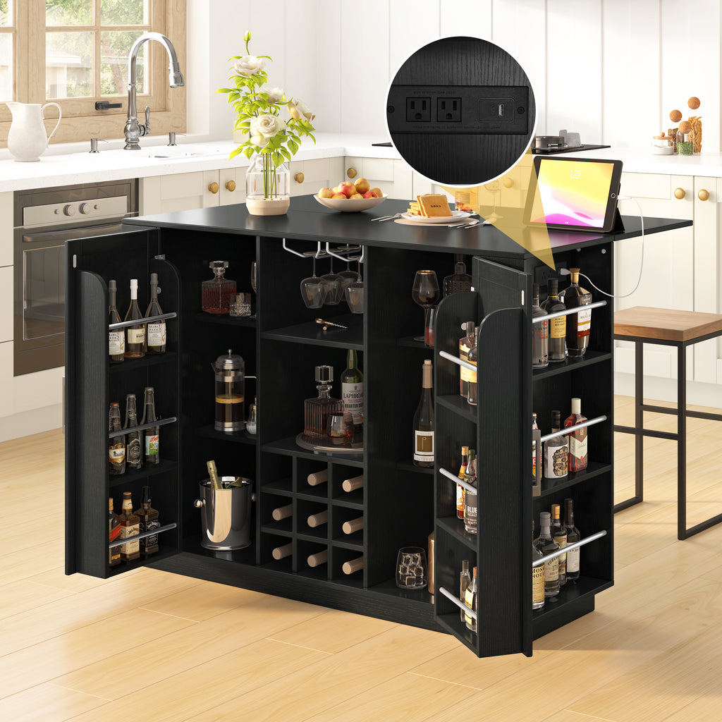 47in Kitchen Island with Drop Leaf, Wine Rack and Side Storage