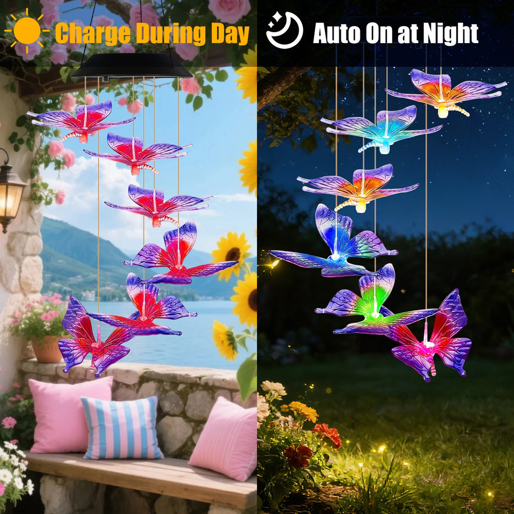 1Pc 2Pcs Quantity Options Solar Butterfly Wind Chime 7 Color Changing Wind
