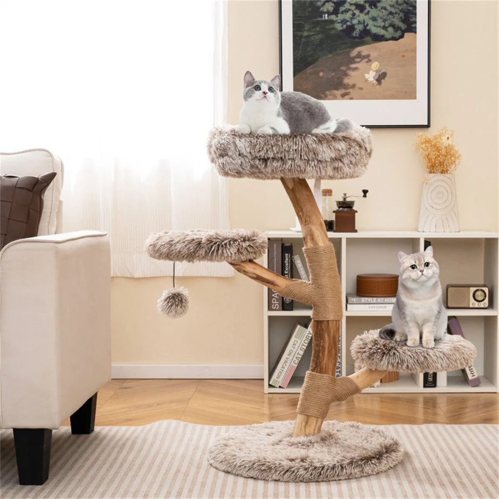 4 Level Natural Pear Wood Cat Tree 19.5"x35.5" Jute Scratch Posts + Plush - Image 4