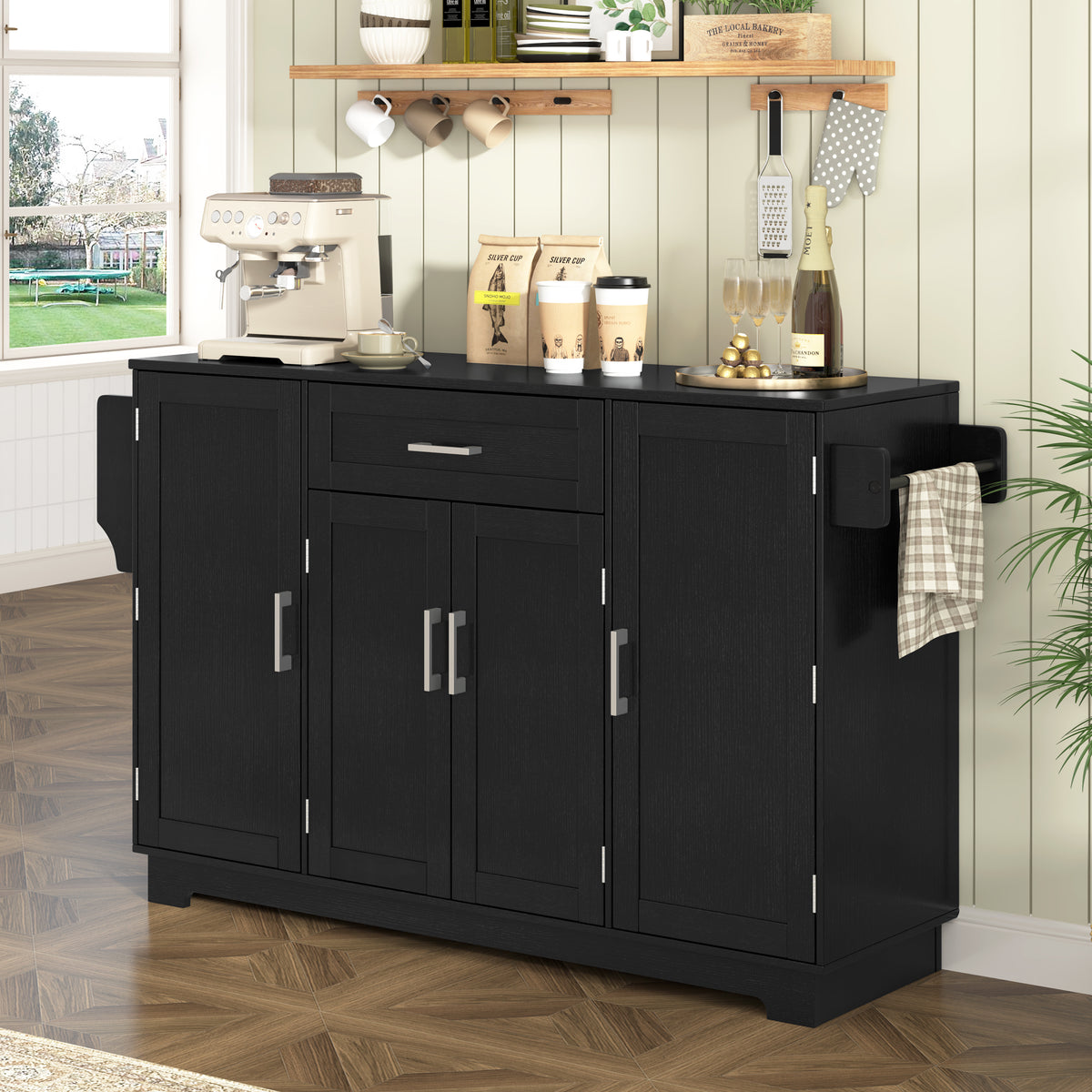 54in Black Sideboard Buffet Cabinet with Four Doors and Drawer