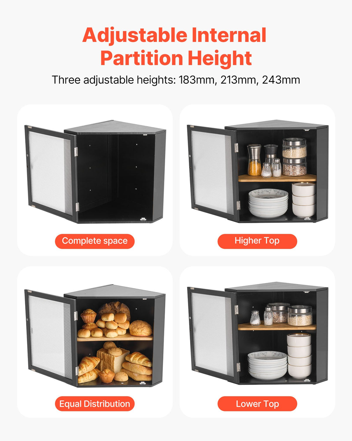 Corner Bread Box For Kitchen Counter Double Layer Bamboo Storage Container Black - Image 5