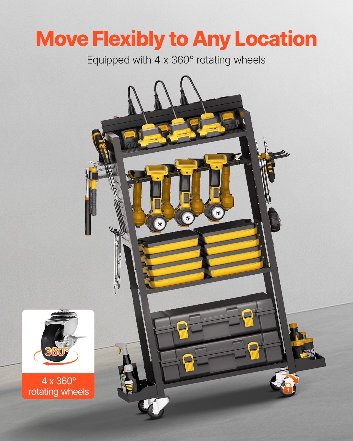 4-tier tool organizer cart with dimensions and features