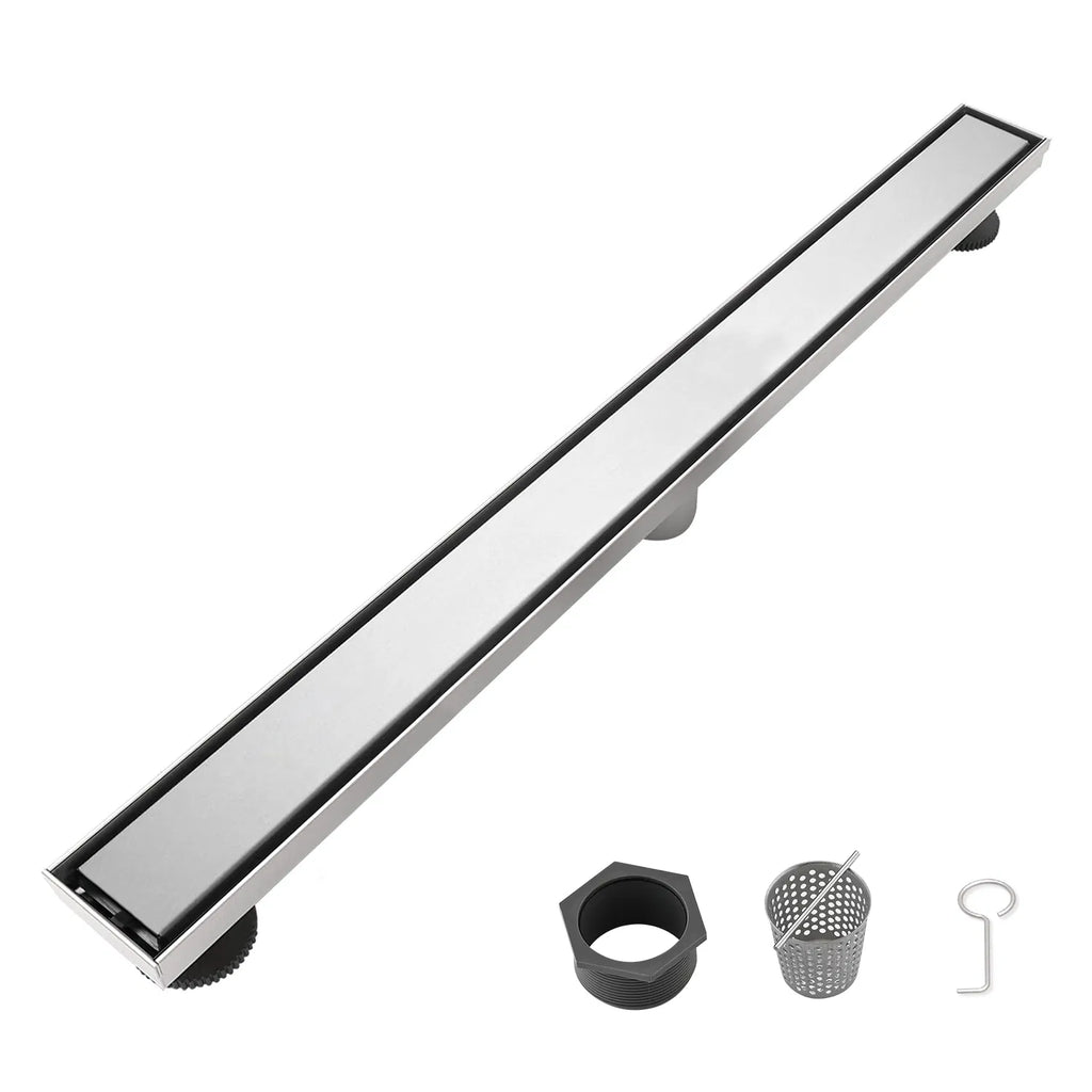 28 Inch Linear Shower Drain with 2 in 1 Flat & Tile Add Removable Cover 304