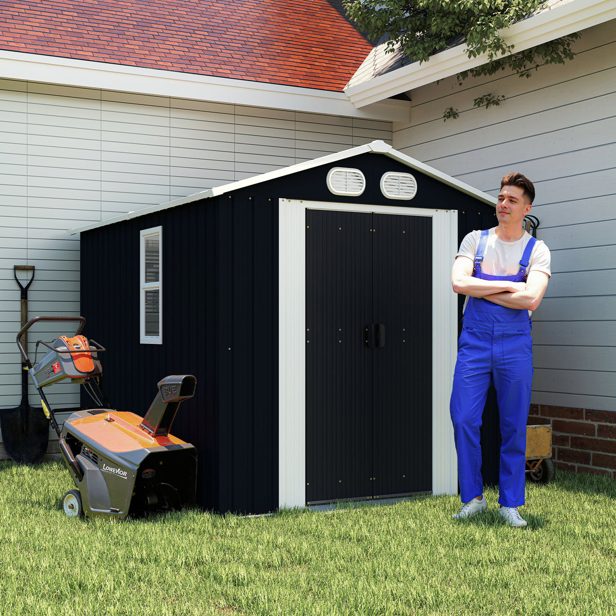 8x6ft galvanized metal outdoor storage shed with double doors in dark gray - main view