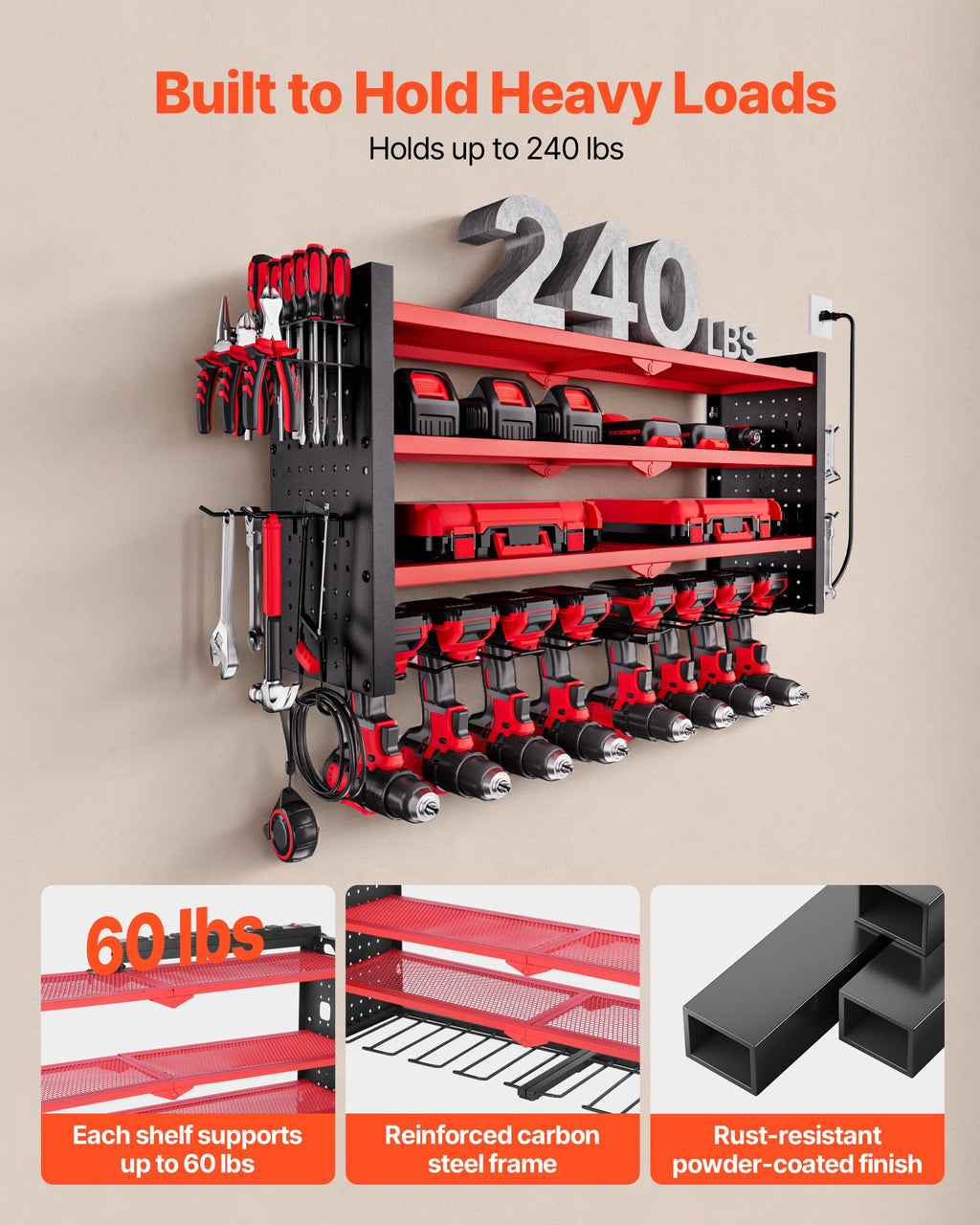 power tool organizer with charging detail and structure