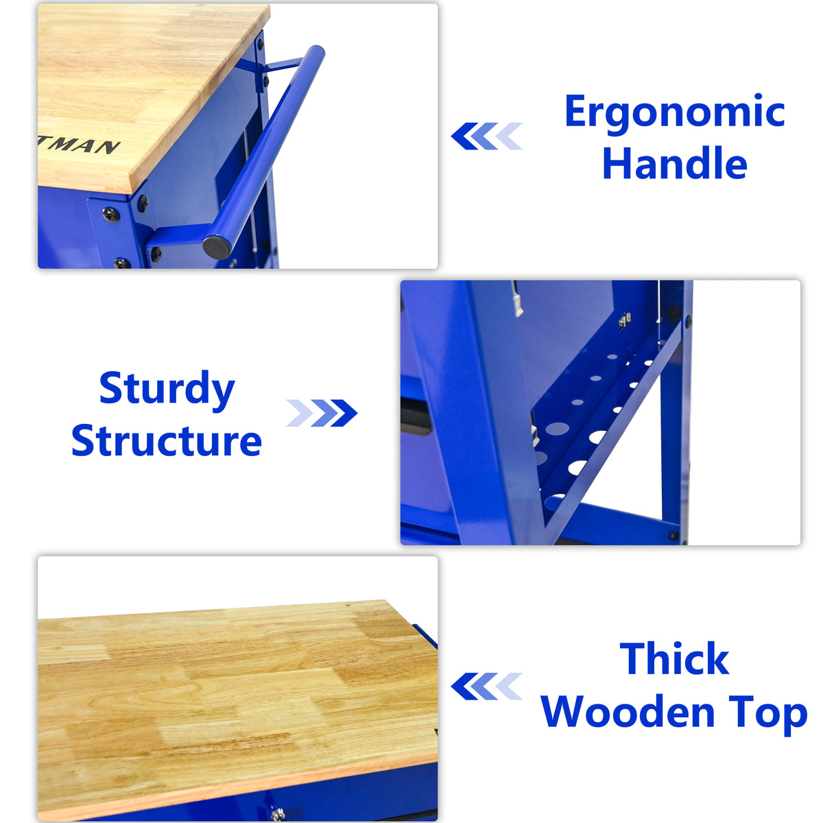 3 DRAWERS MULTIFUNCTIONAL TOOL CART WITH WHEELS AND WOODEN TOP Blue - Image 4