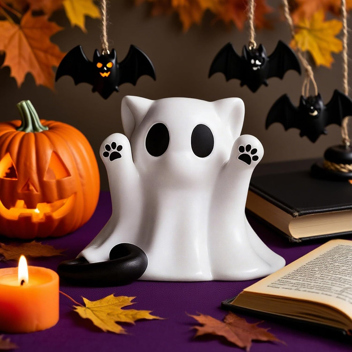 Cute Ghost Cat Figurine Halloween Mini Spooky Statue Tabletop Desk Decor Gift - Image 2