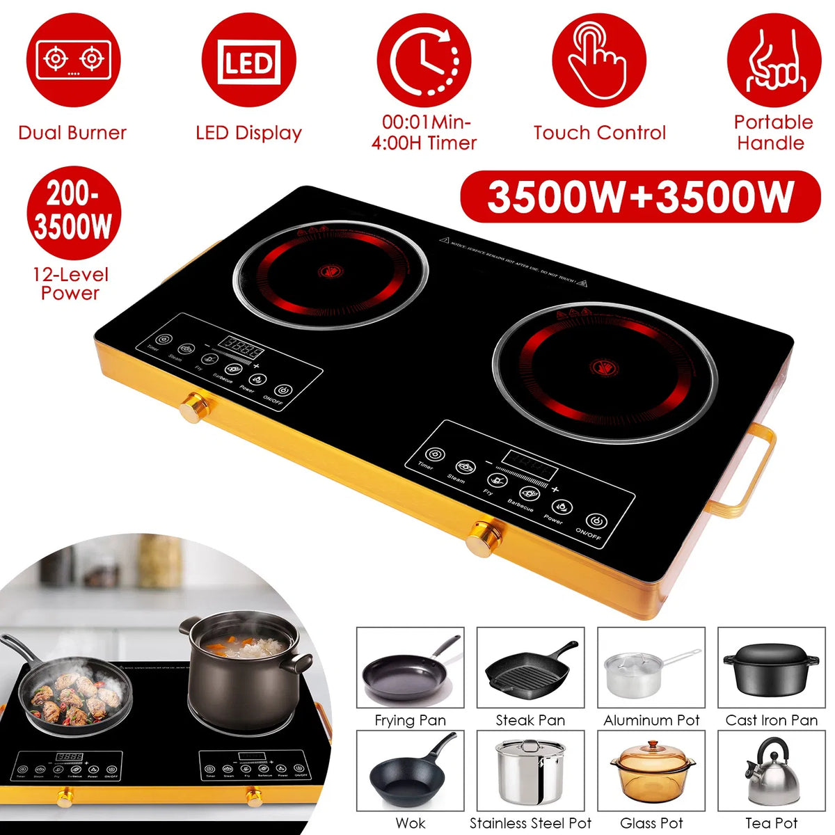 Portable Electric Double Burner 7000W 110V Countertop Hot Plates with Smooth - Image 2