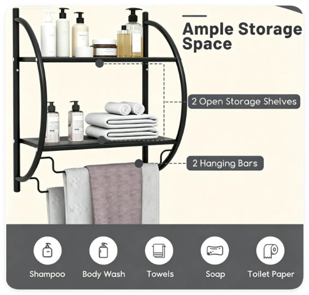 Black Rust Proof Wall Bathroom Shelving Unit With Dual Hanging Bars - Image 3