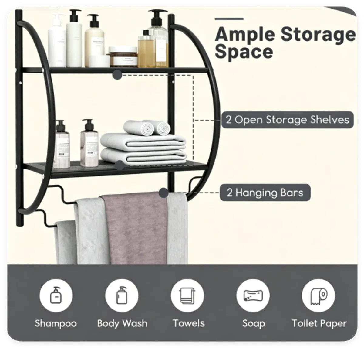Black Rust Proof Wall Bathroom Shelving Unit With Dual Hanging Bars - Image 3