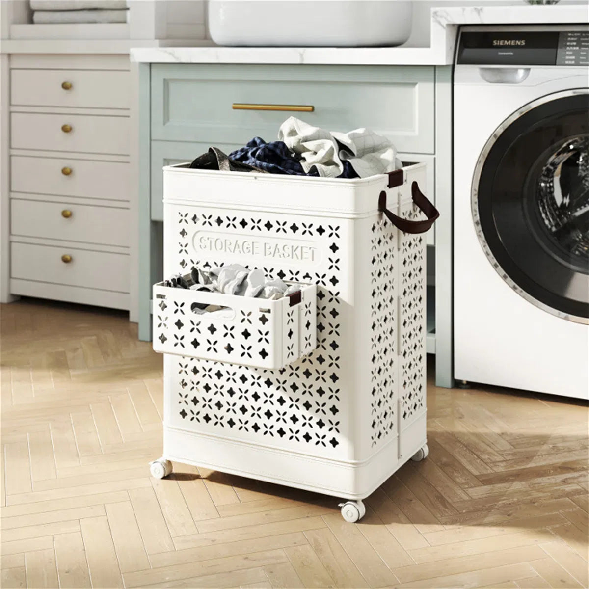 20 Gallon Foldable Laundry Hamper With Mini Hanging Basket PP Hollow Design - Image 4