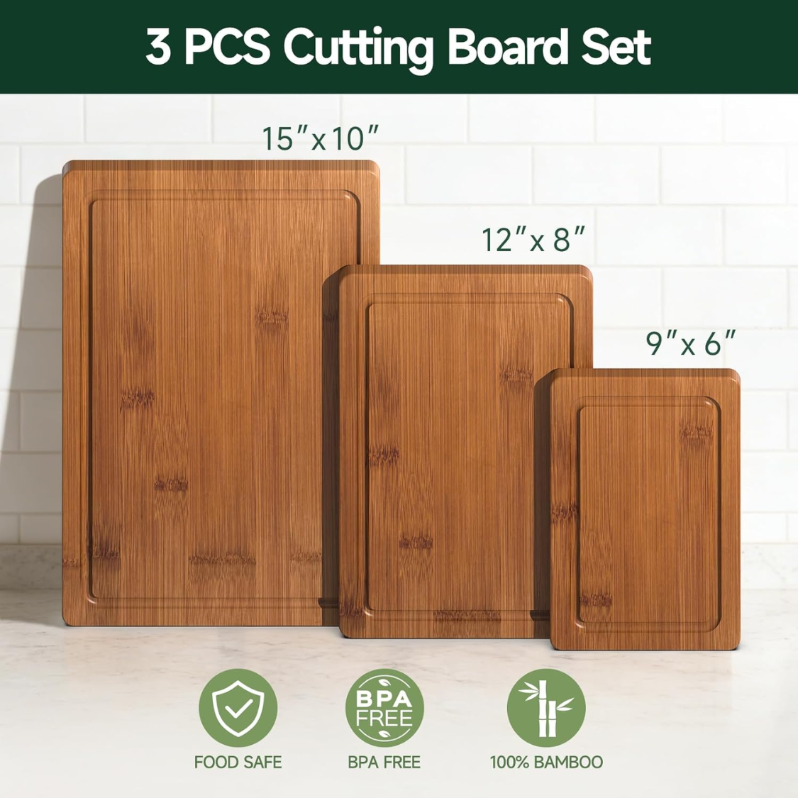 3 Piece Set Deep Carbonized Bamboo Cutting Board For Kitchen Crack Resistant - Image 5