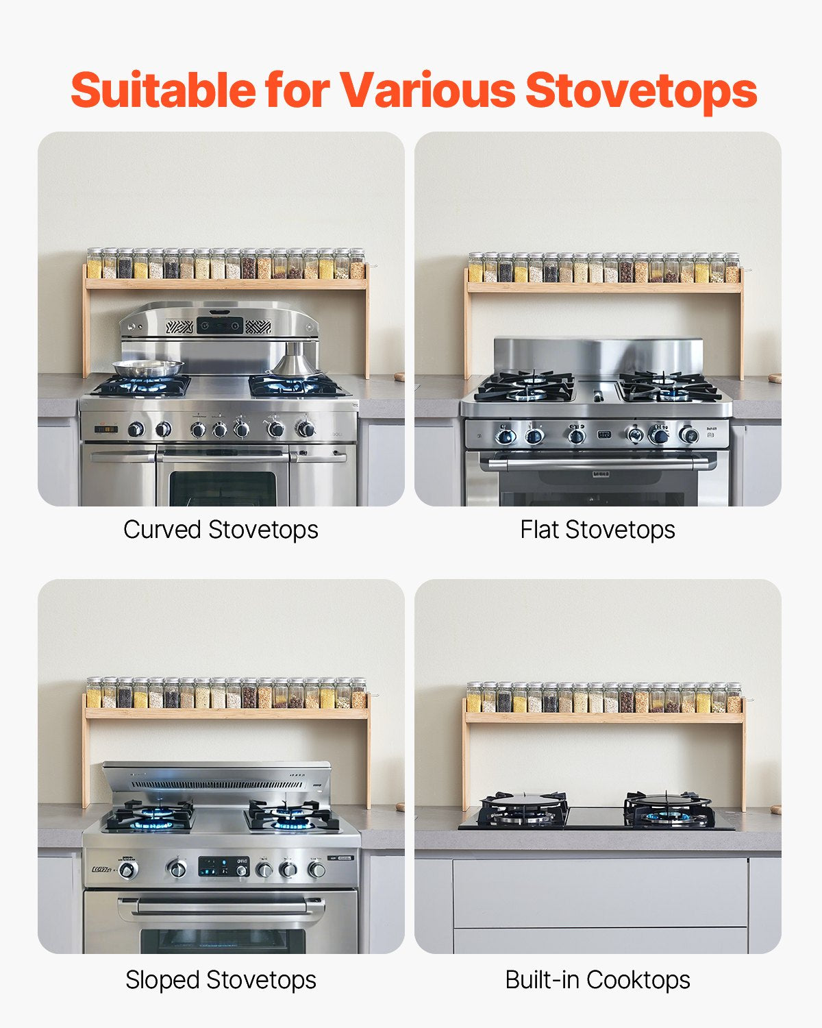 Over The Stove Spice Shelf Rack Kitchen Organizer 32 6x13in Bamboo Hooks - In-Use and Feature Display