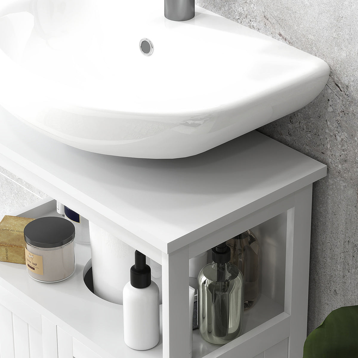 Pedestal Sink Storage Cabinet Bathroom Under With Doors And Open Shelf Vanity - In-Use and Feature Display