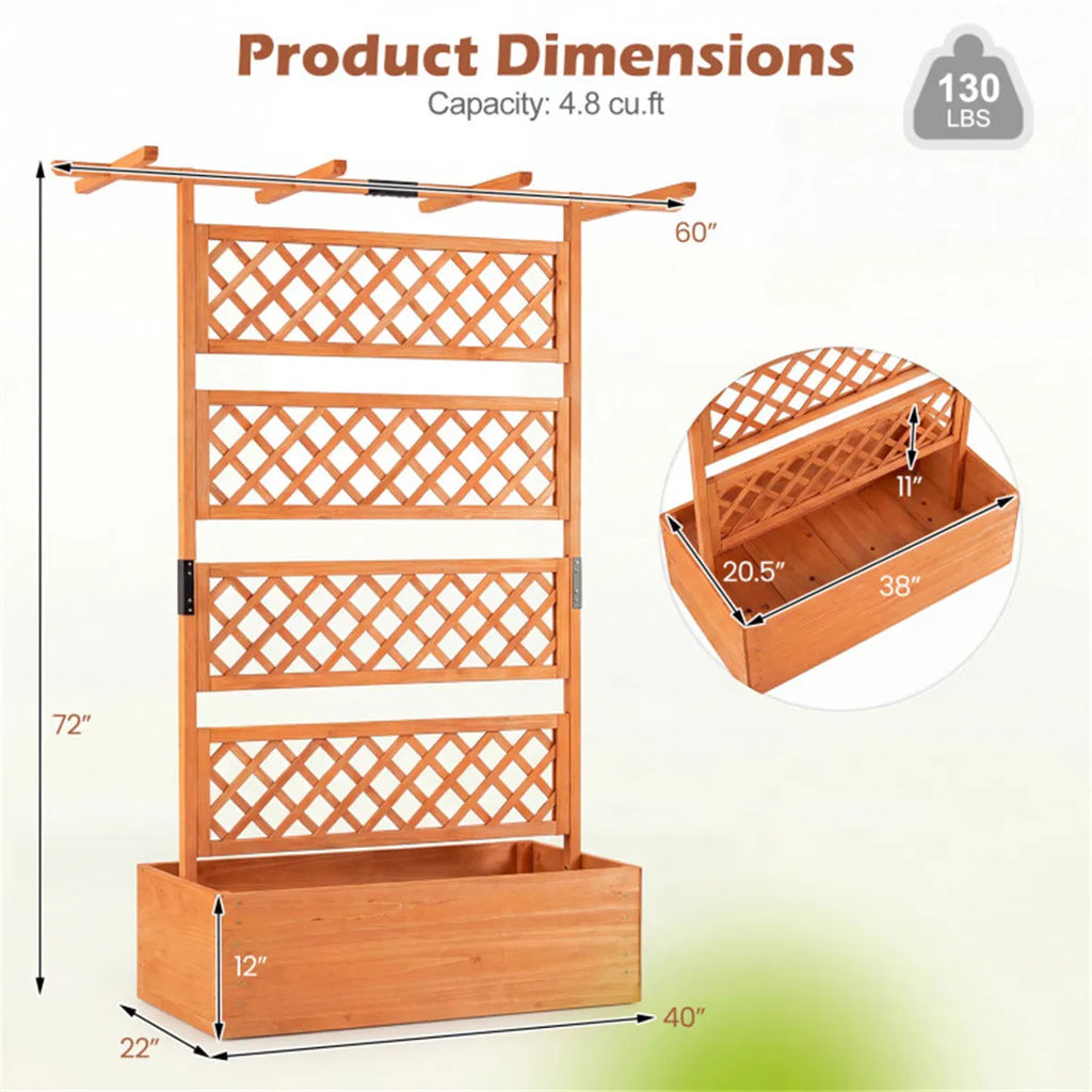 72" Raised Garden Bed with Lattice Trellis 4.8 Cu.Ft Fir Wood Planter Box with