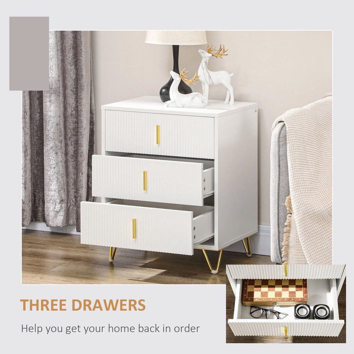 Drawer Chest 3 Drawer Storage Cabinet Unit with Metal Legs for Living Room
