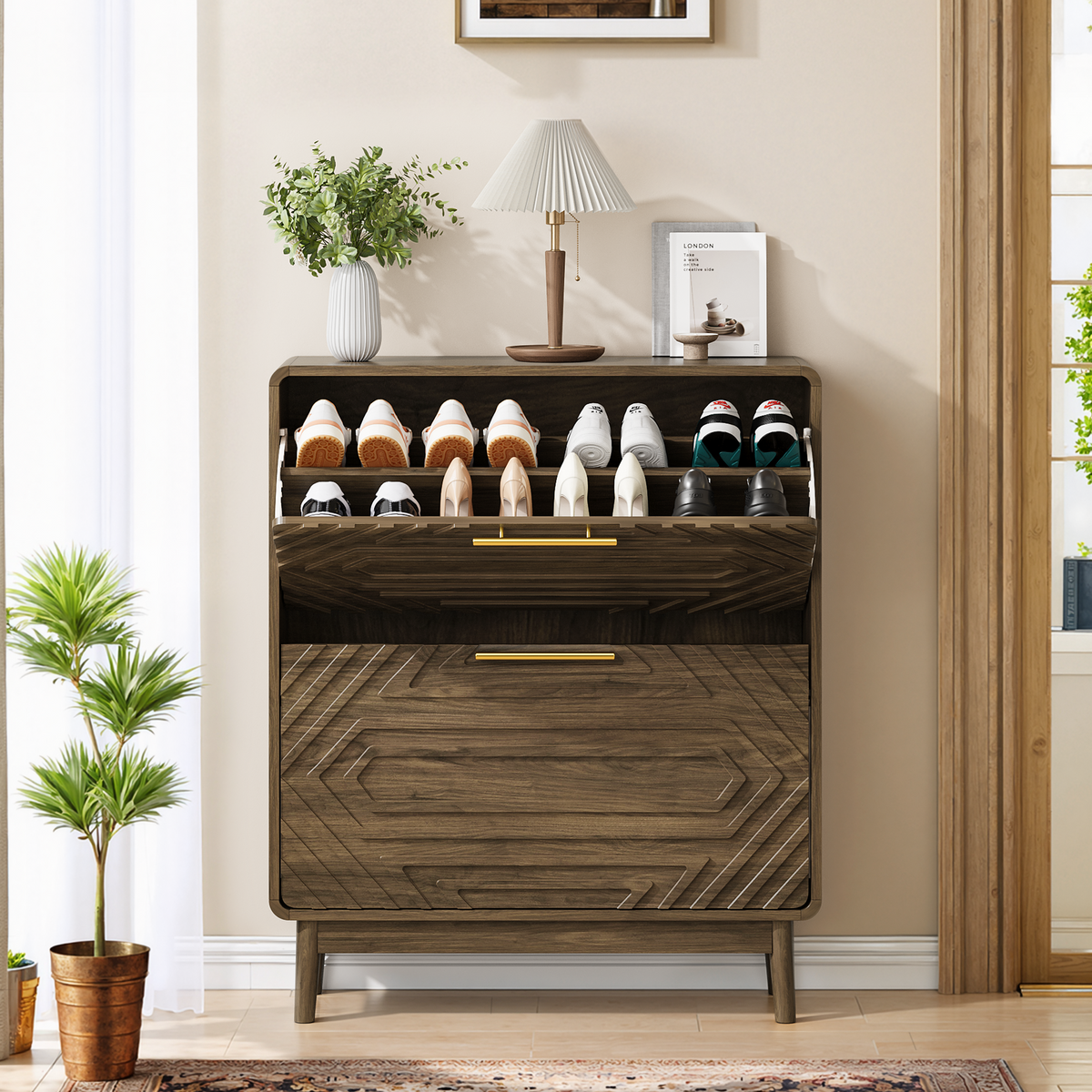 31.5-Inch Walnut Flip-Drawer Shoe Cabinet