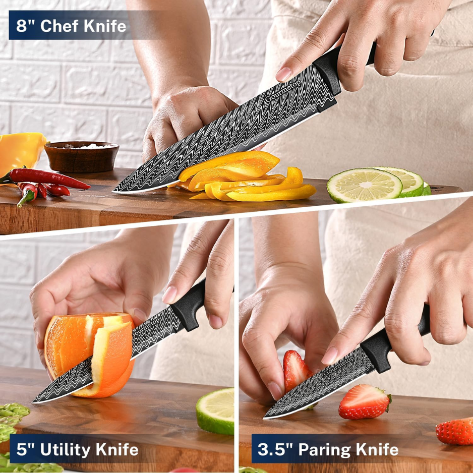 3 Piece Kitchen Knife Set With Blade Covers Black Damascus Pattern Nonstick - Image 2