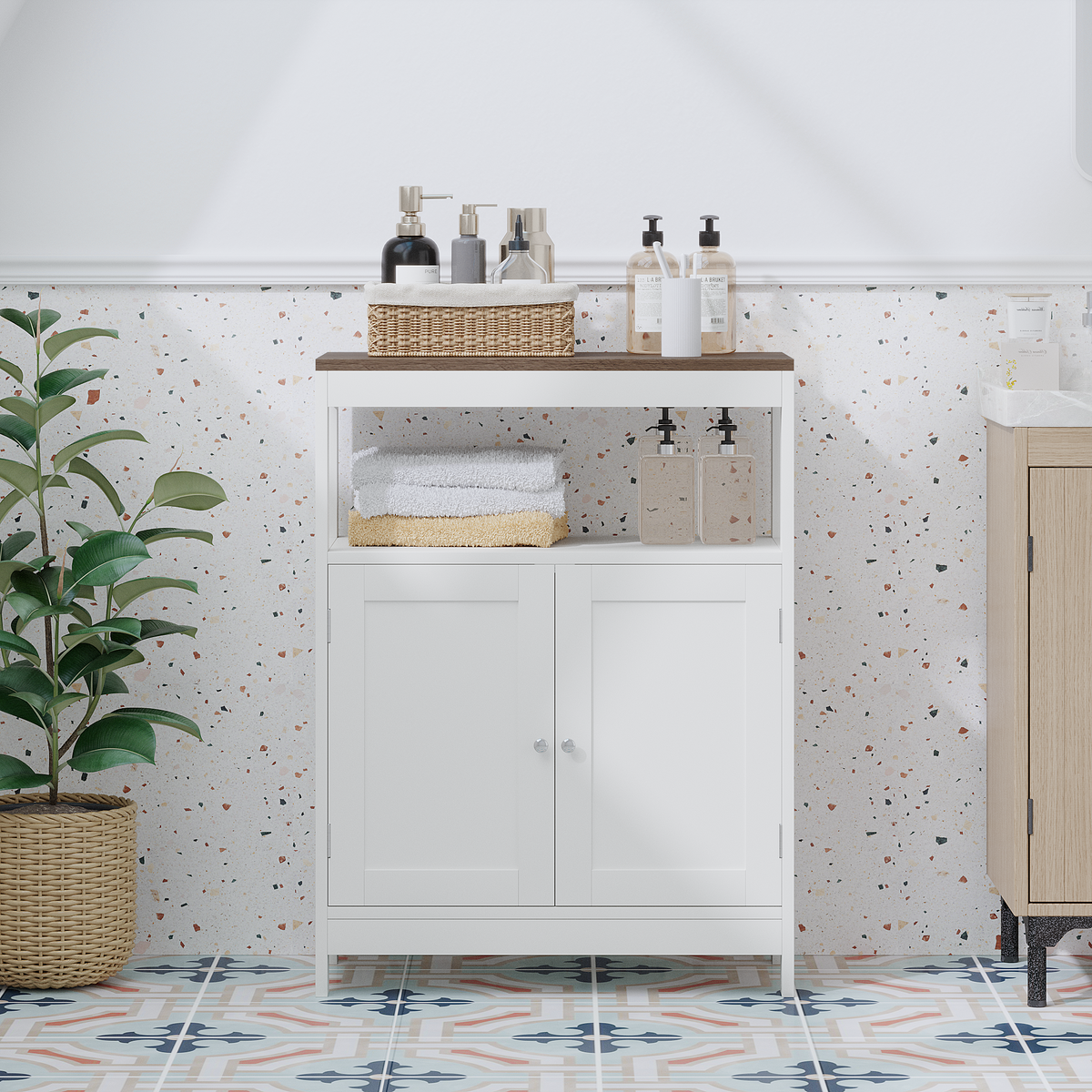 Modern Two-Door Storage Cabinet with Wood-Look Top