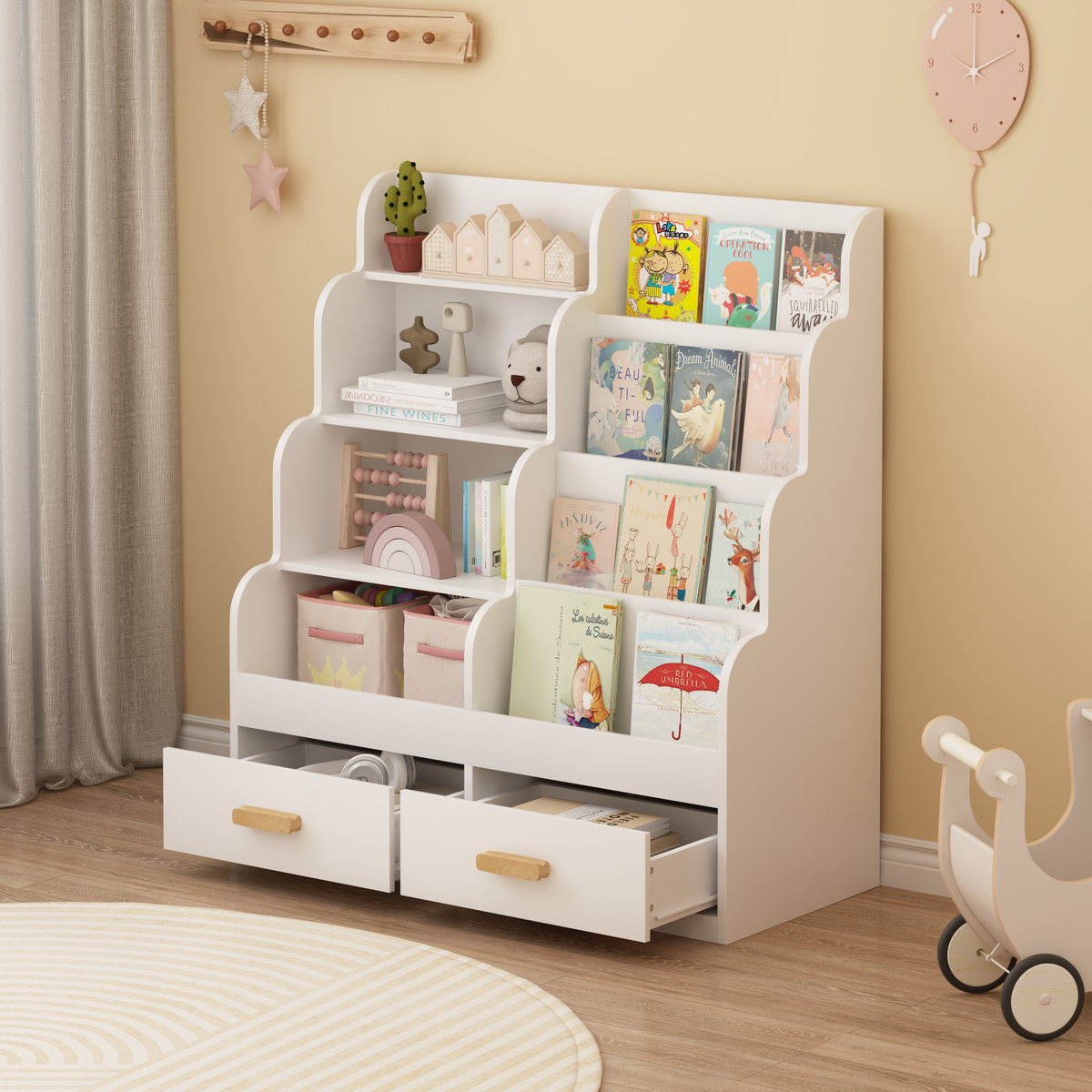 Kids Bookshelf with Two Storage Drawers