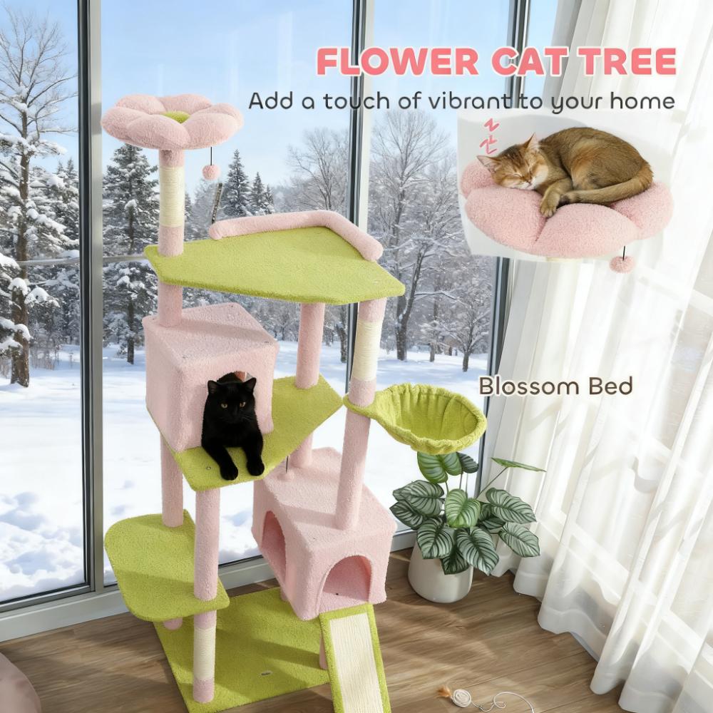 Large Cat Tower with Scratching Post & Board 74" Flower Cat Tree