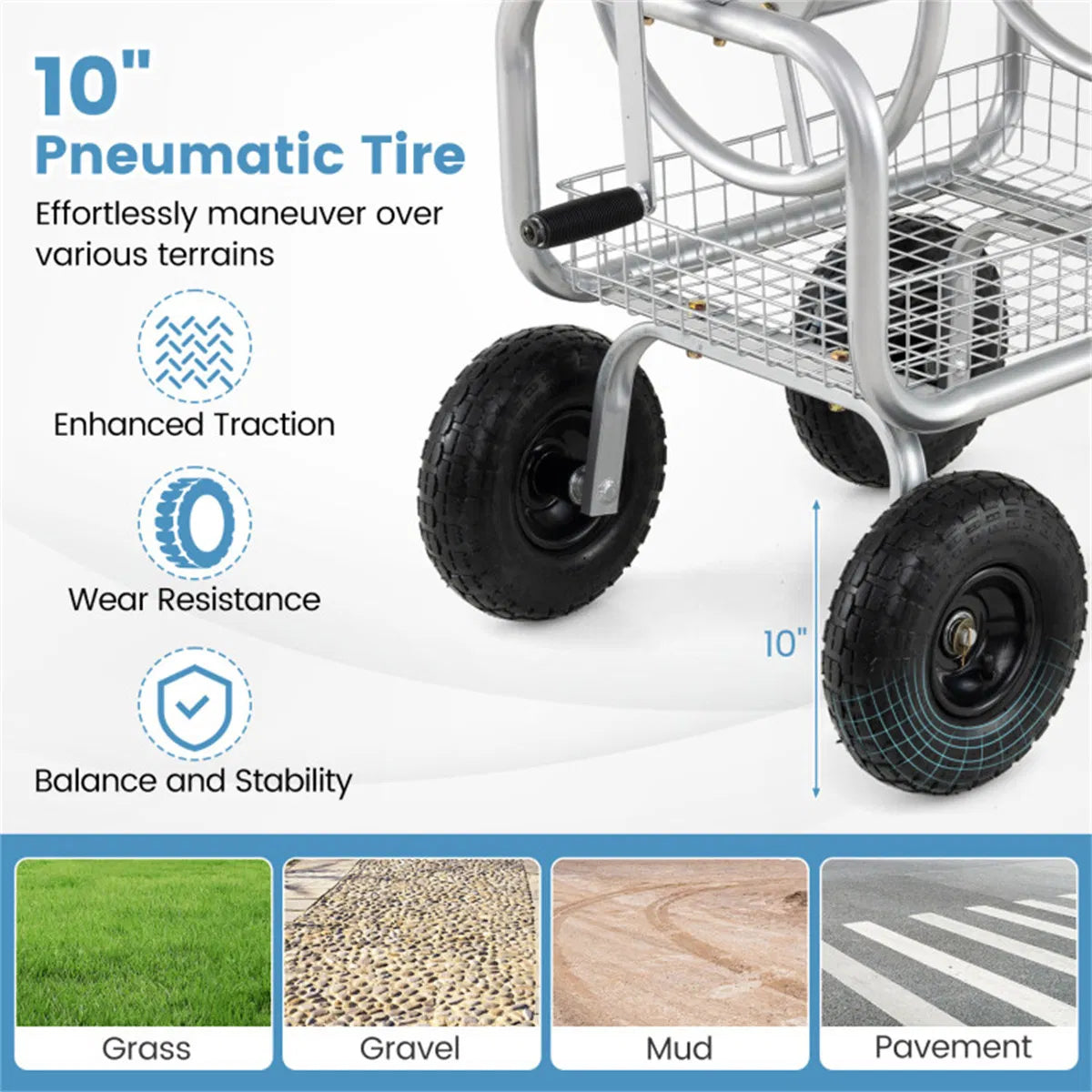 Heavy Duty Garden Hose Reel Cart with 10" Pneumatic Wheels Large Capacity Hose - Image 5