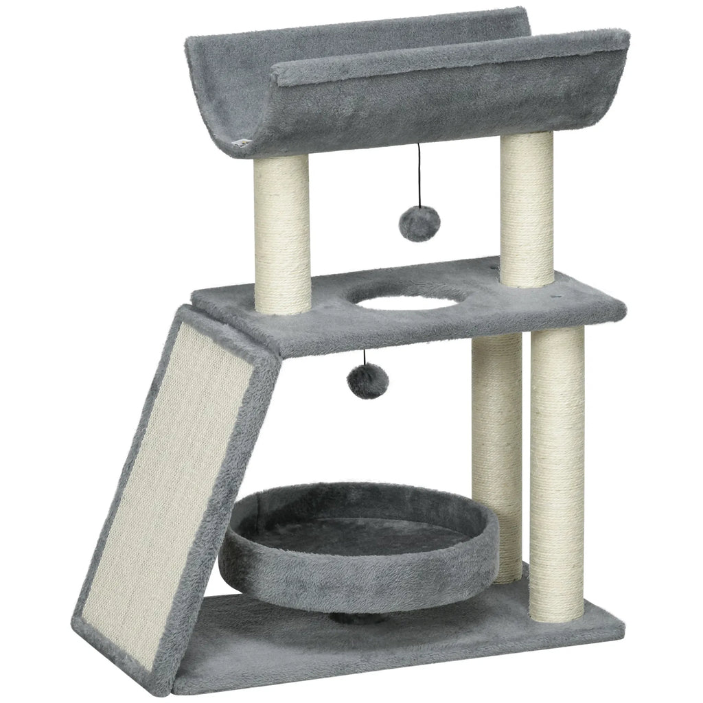 Small Cat Tree with Perch Scratching Posts Pad Bed Toy Balls Light Grey - Image 3