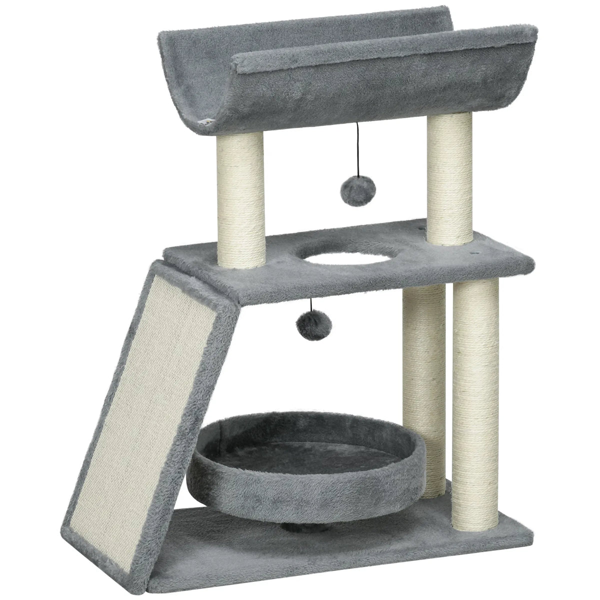 Small Cat Tree with Perch Scratching Posts Pad Bed Toy Balls Light Grey - Image 3