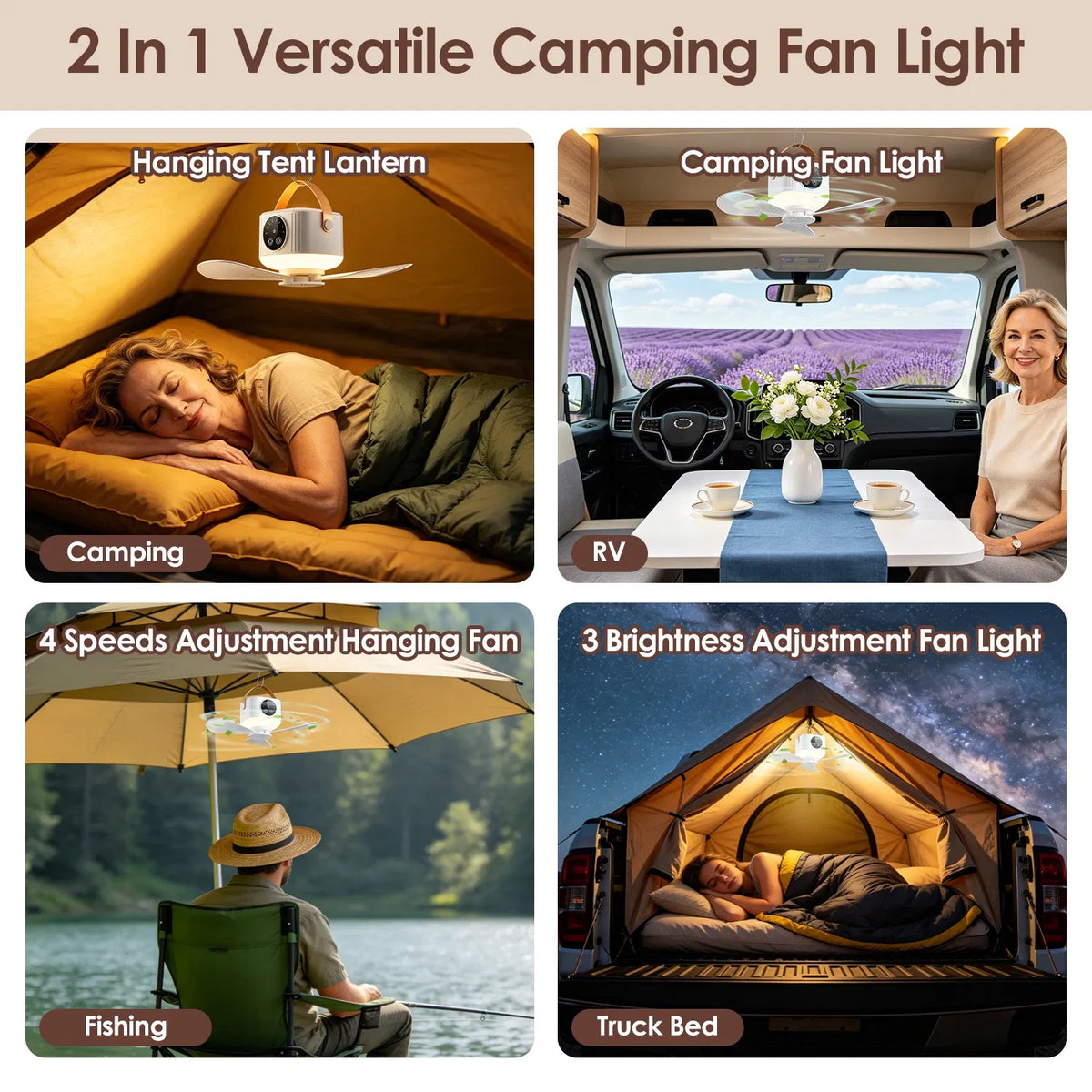 Tent Ceiling Fan with Light 7200mah Rechargeable Battery Operated Hanging