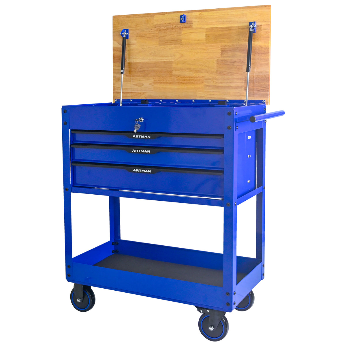 3 DRAWERS MULTIFUNCTIONAL TOOL CART WITH WHEELS AND WOODEN TOP Blue