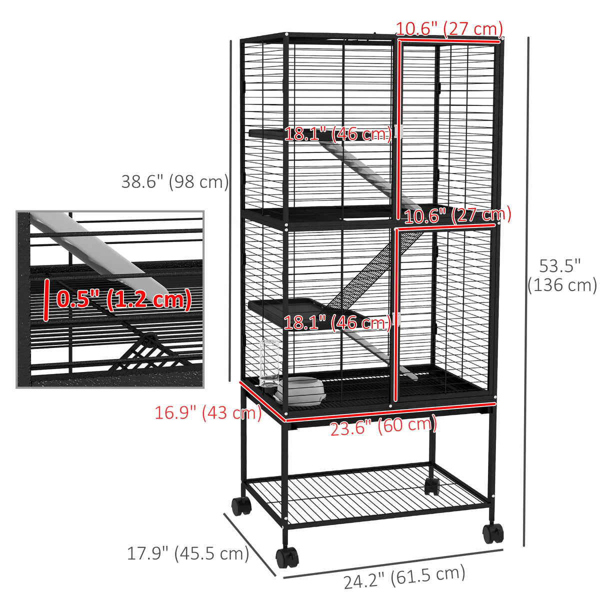 Rolling Small Animal Cage 53.5"H Chinchilla Cage for Ferrets Squirrels w/ - Image 2