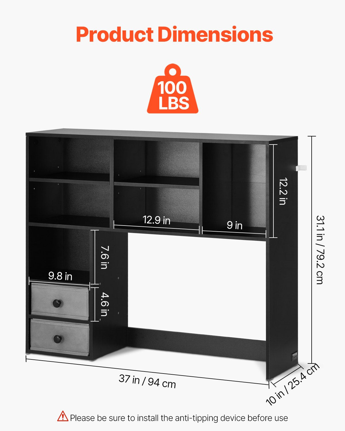 3-Tier Desktop Storage Organizer Bookshelf with Drawers - Black - Storage Interior and Capacity Display