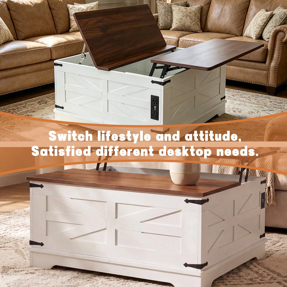 31.5IN Lift Top Coffee Table With Charging Station Square Farmhouse Wood