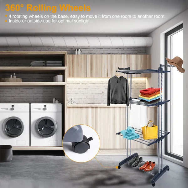 Clothes Drying Rack Rolling Collapsible Laundry Dryer Hanger Stand Rail Shelve - Image 3