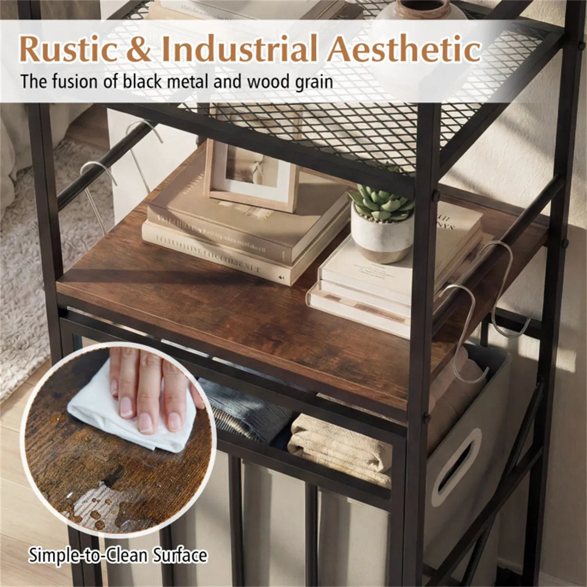 Black Rustic Brown Tilt Out Laundry Hamper Metal Engineered Wood With Shelves - Image 4