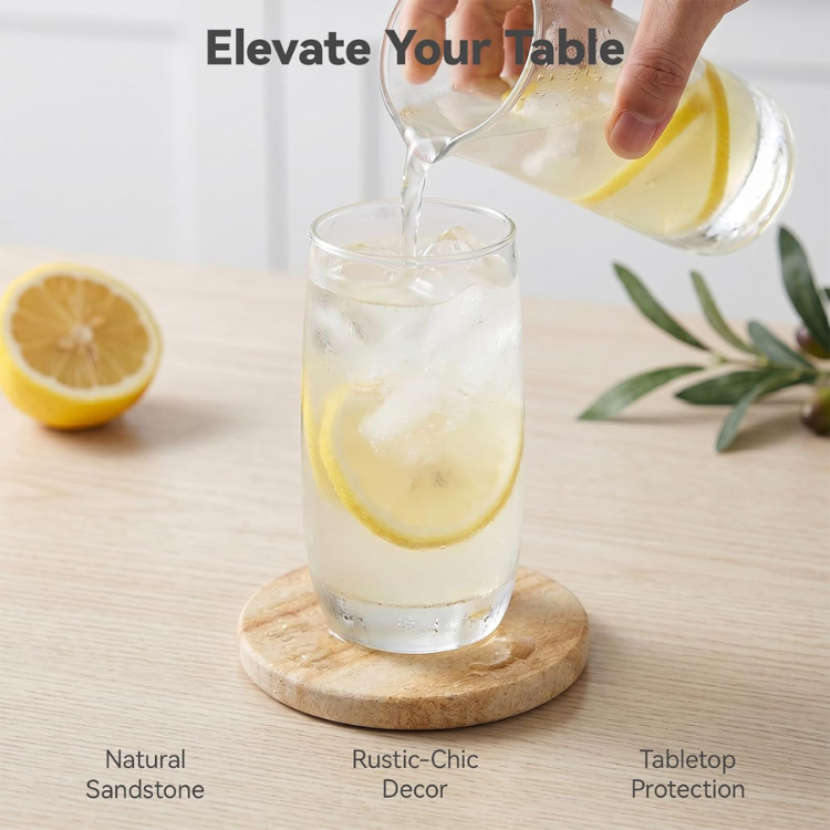 6 Piece Absorbent Sandstone Coaster Set With Holder 4 Inch Round Drink - Image 5