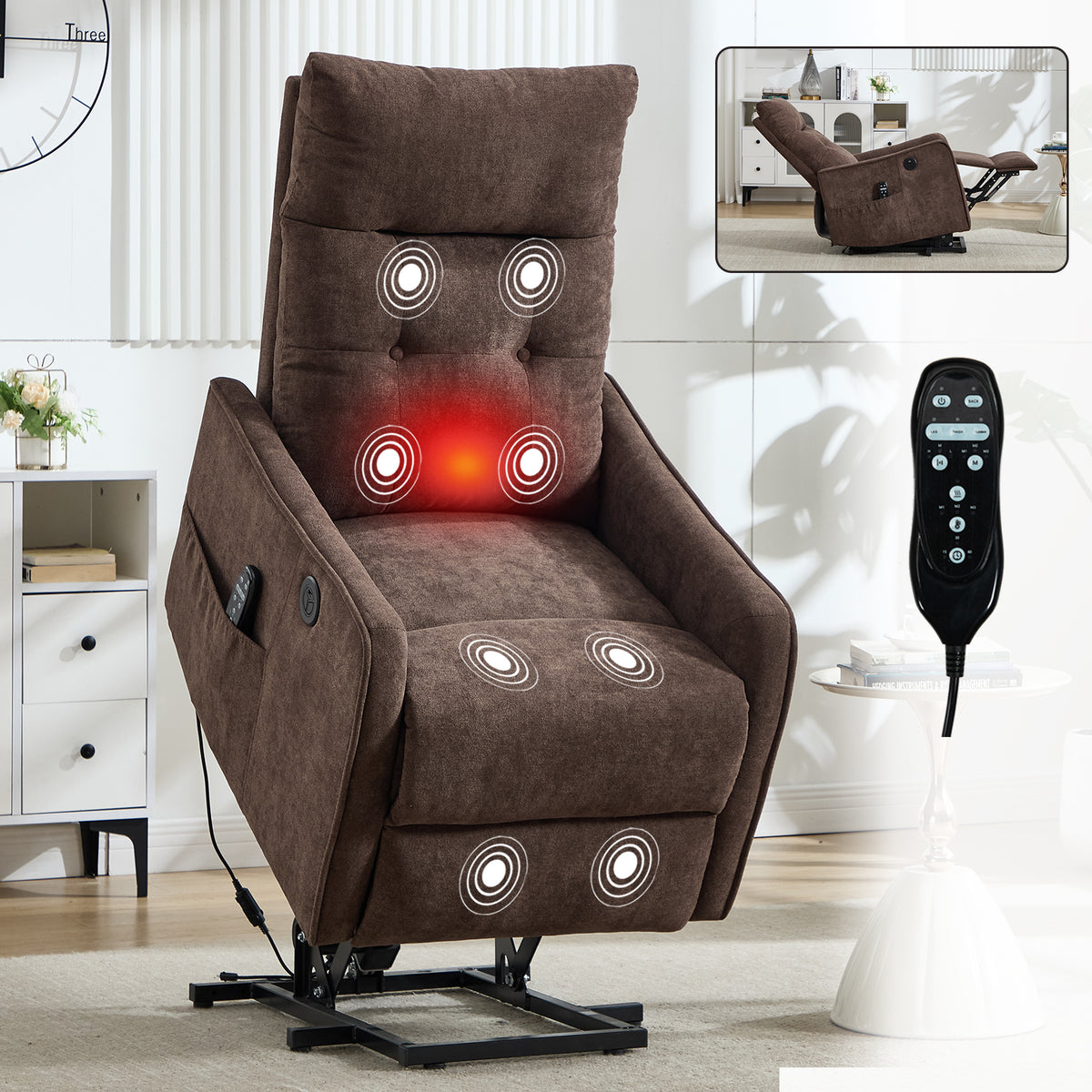 Brown Chenille Single Motor Power Lift Recliner Chair with Massage and Heat for - Image 2