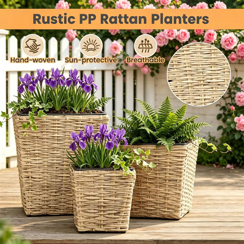 3 Piece Nested Rattan Planter Set UV Resistant PP Wicker Plant Boxes with - Image 2