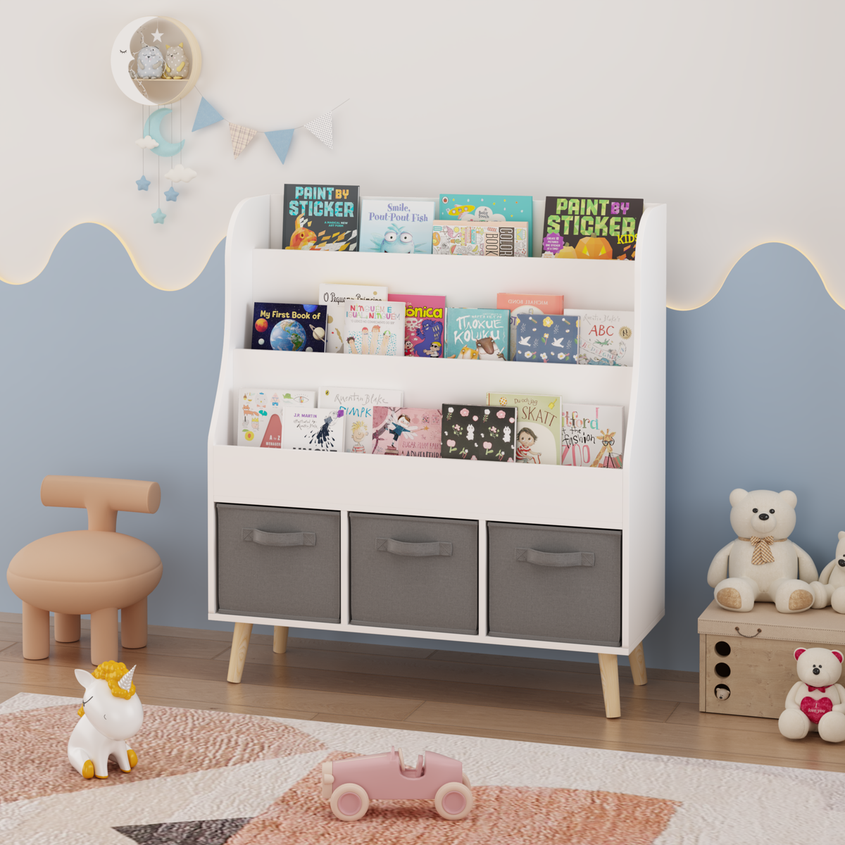 Toddler Front-Facing Book Display Rack with 3 Fabric Storage Bins - Storage Interior and Capacity Display
