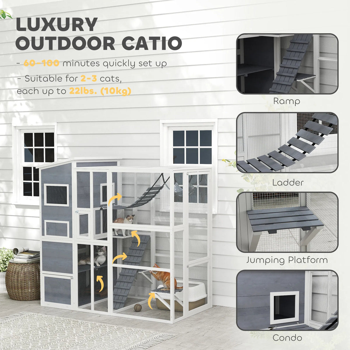 76" Catio Outdoor Cat Enclosure with Cat Condo Jumping Platforms Ladder - Image 5