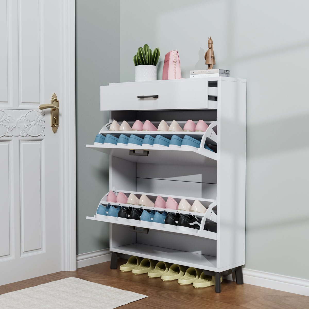 Freestanding Shoe Storage Cabinet with Flip Drawers for Entryway - Opening and Closure Mechanism Detail