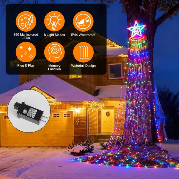 1Pc 11.48FT 350LED Multicolored Christmas Star Waterfall Tree String Light - Image 3
