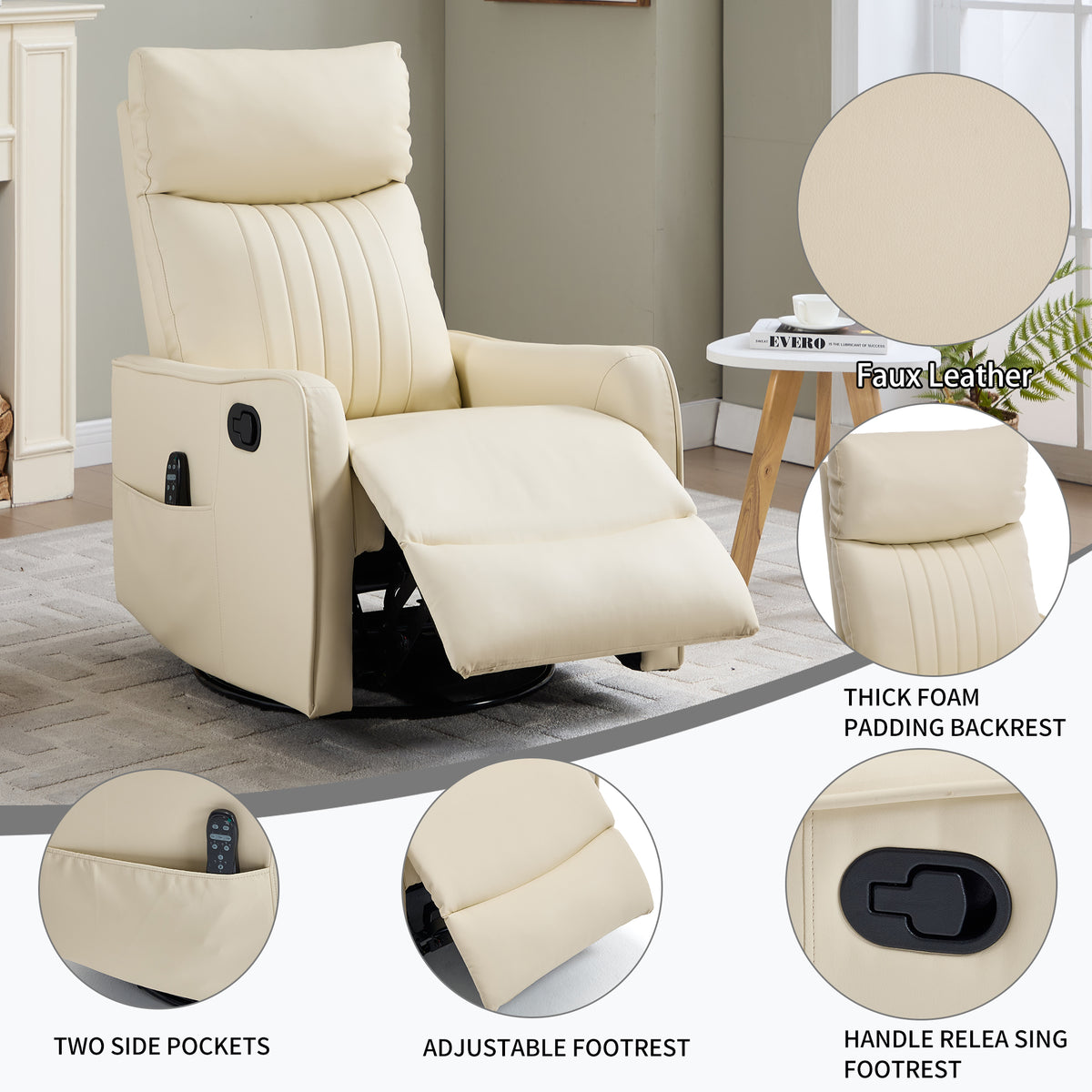 Beige Heat Massage Manual Recliner Chair with Rocker and Swivel in Faux Leather - Image 2