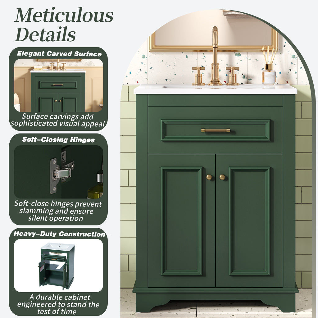 24-Inch Green Bathroom Vanity with Integrated Ceramic Sink
